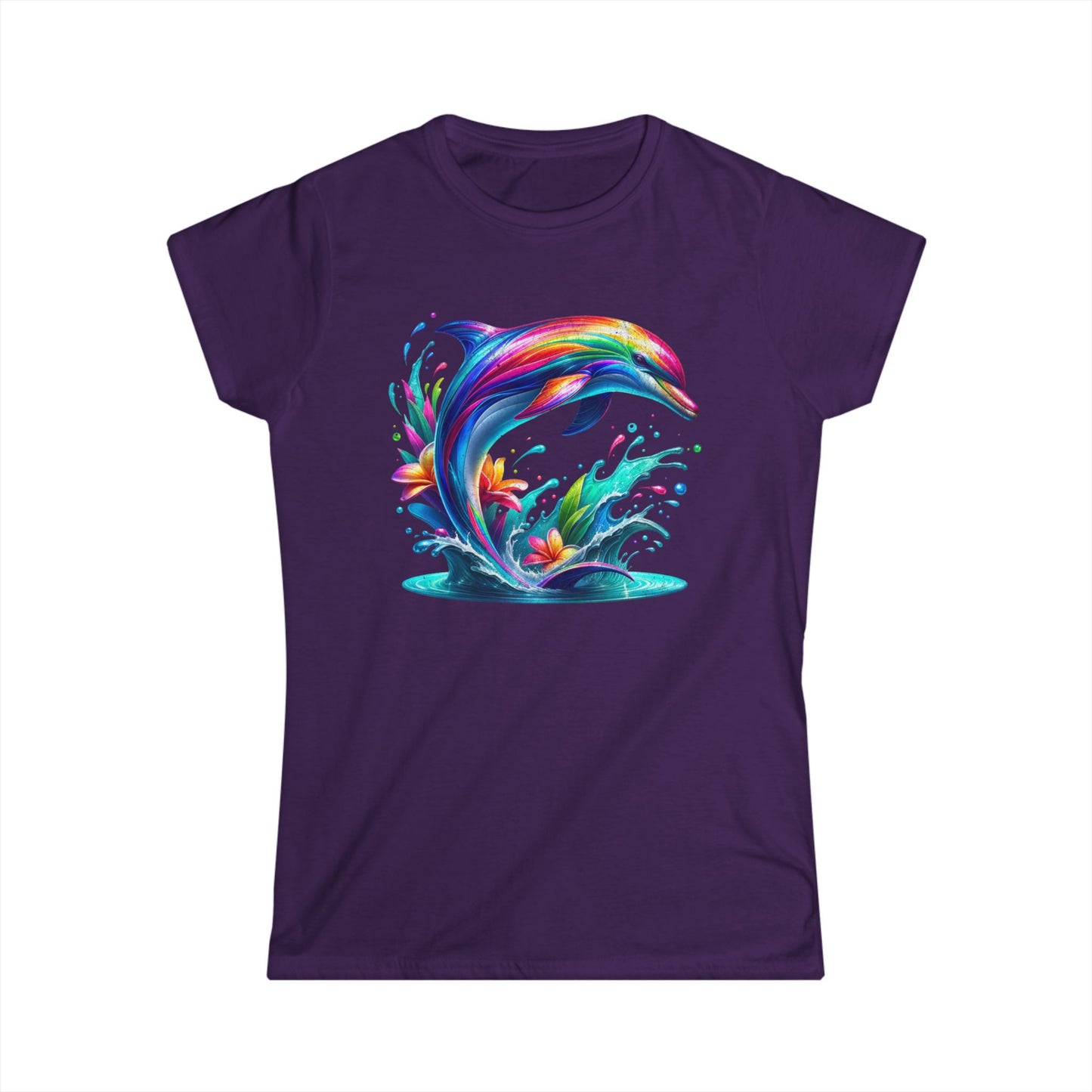 Colorful Dolphin Women's Softstyle Tee, Beachwear, Gift for Sea Lovers, Summer Vibes, Ocean-Themed Fashion