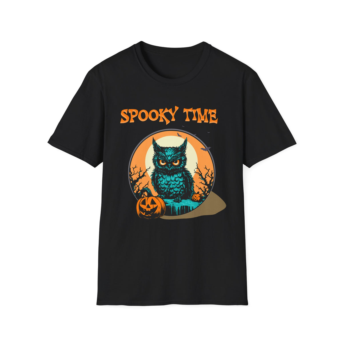 Black t-shirt with a sinister owl in front of a full moon background. Orange halloween font saying Spooky Time. Brilliantmischief.shop