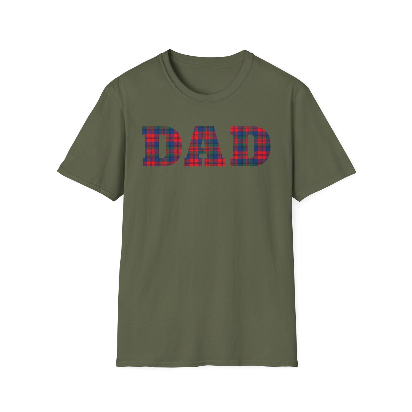 Army green t-shirt with 'DAD' in red blue and green plaid letters on a white background. Brilliantmischief.shop