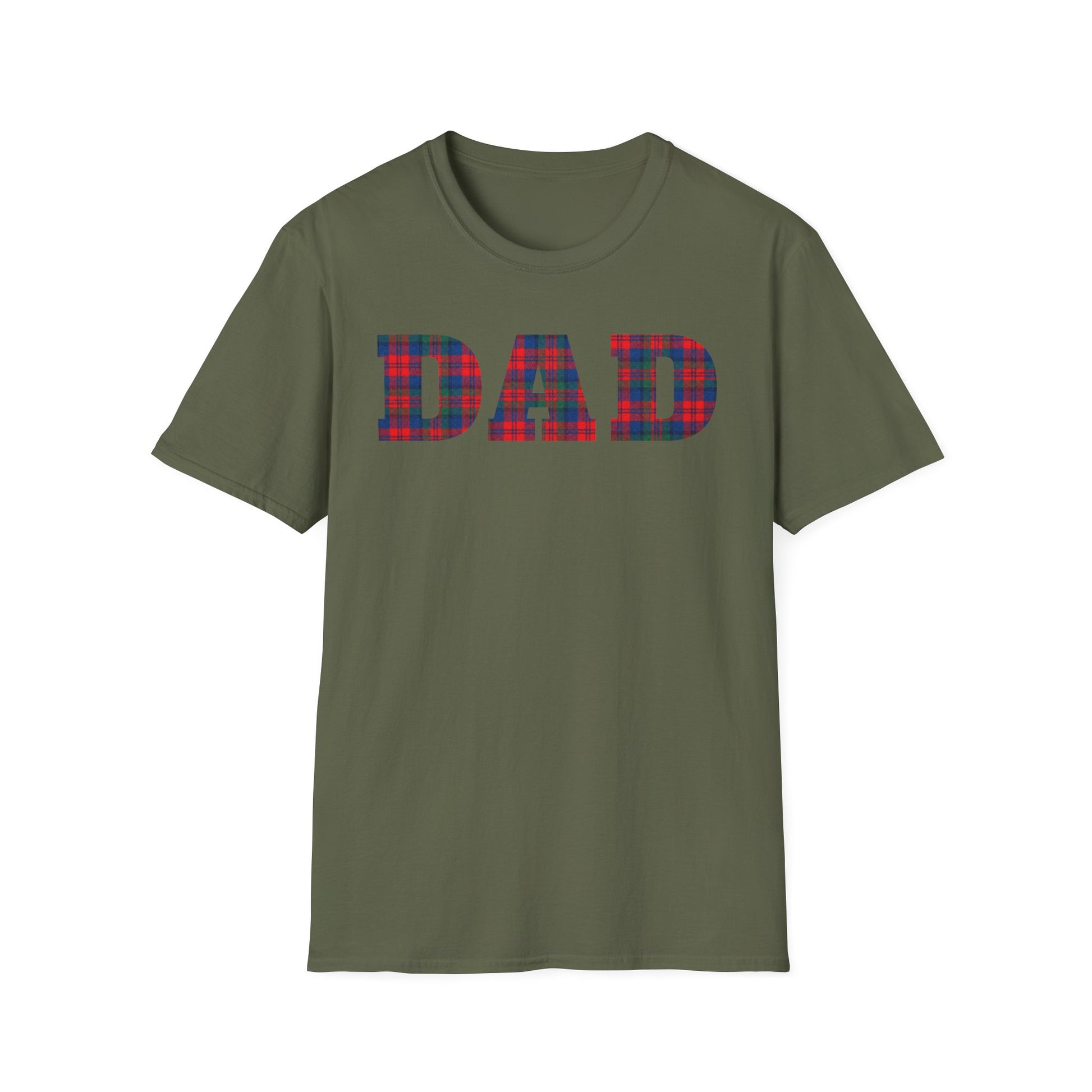 Army green t-shirt with 'DAD' in red blue and green plaid letters on a white background. Brilliantmischief.shop