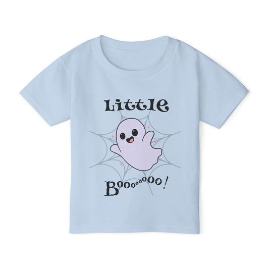 A light blue short-sleeve kids' t-shirt with a cute cartoon ghost graphic on the front. The graphic features the text 'Little Booooooo!' in a spooky black font, surrounding a small lavender ghost with a spiderweb pattern in the background. Brilliantmischief.shop