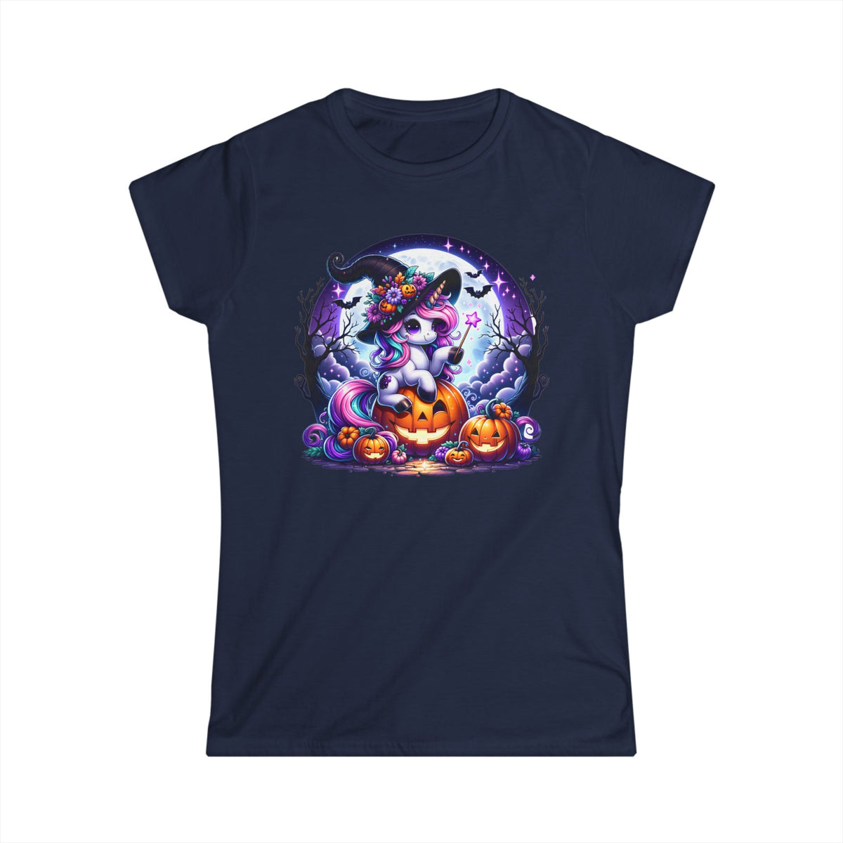 Navy blue womens t-shirt with a round Halloween graphic showing a unicorn wearing a witch hat and holding a wand sitting on a Jack-o-lantern. Brilliantmischief.shop
