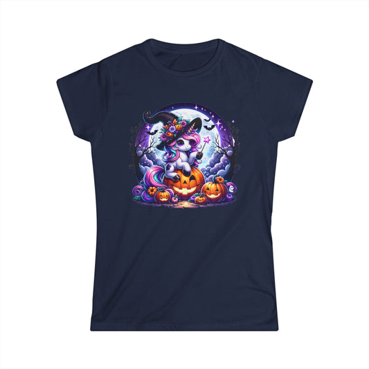 Navy blue womens t-shirt with a round Halloween graphic showing a unicorn wearing a witch hat and holding a wand sitting on a Jack-o-lantern. Brilliantmischief.shop