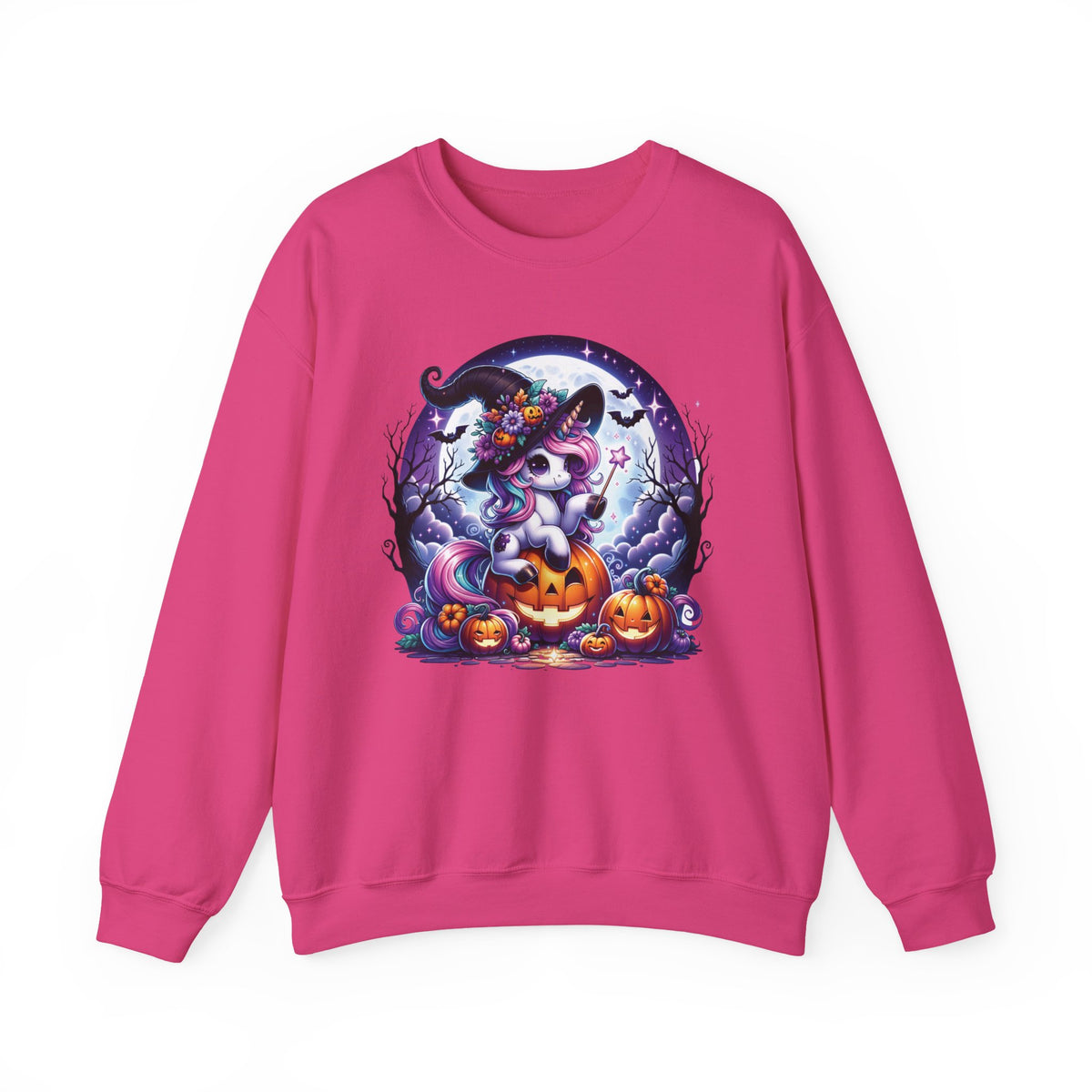Pink womens sweat shirt with a round Halloween graphic showing a unicorn wearing a witch hat and holding a wand sitting on a Jack-o-lantern. Brilliantmischief.shop